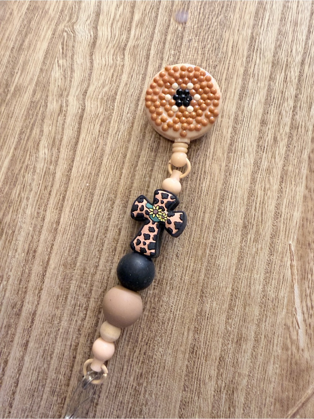Neutral Leopard Cross Badge reel Clip - Beige and Black